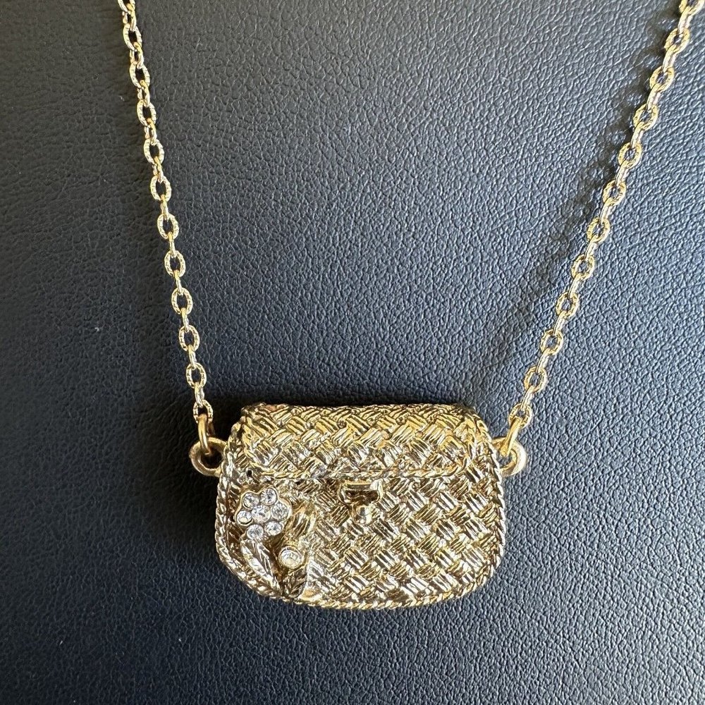VTG 1928 Jewelry Mini Purse Necklace Gold Tone Rhinestones Clasp Opening 30" L